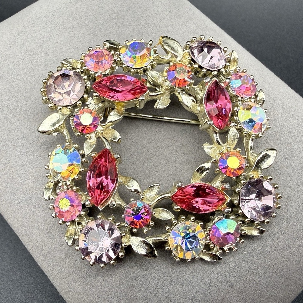 Vintage Pink Navette & Aurora Borealis Crystal Wreath Brooch Sparkly Floral Pin
